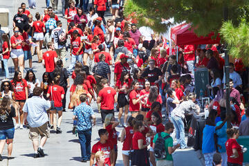 Student organization booths at&nbsp;the&nbsp;President's Barbecue help new students get involved with campus academic and recreational groups.&nbsp;More than 40 percent of students are involved in at least one of UNLV's&nbsp;300 registered student organizations.&nbsp;(Aaron Mayes/UNLV Photo Services)