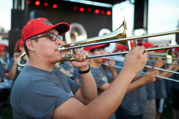 The UNLV band performing outside.