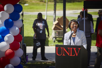 A speech given outside during a rally event.