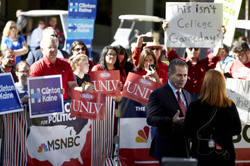 Of course, UNLV students showed their subversive side. The day before the debate, one student tried to get on the MSNBC broadcast with a "UNR, where's your debate?" sign. On debate day, two students marched through the crowd carrying signs that read "Friday is laundry day" and "I made a sign." When Trump or Clinton chants died down, they jumped in with "Laundry! Friday!"
