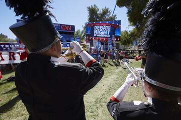 The UNLV Star of Nevada marching band was a fixture at the CNN stage most of the day on Wednesday. The network contracted them to play during the broadcast, and they spent the week prior learning CNN's theme music. The Scarlet Dance Line added some sparkle.