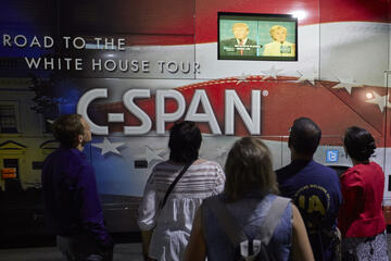 The C-SPAN bus offered a place to watch the debate along the academic mall.
