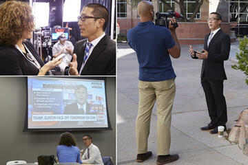 Political Science professor Dan Lee was a fixture in the media center and at the on-campus pop-up events during debate week. Lee was interviewed by CNN from the network's on-campus set and by dozens of local, national and international journalists.