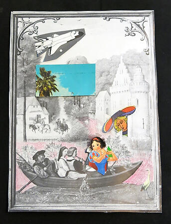 Abstract travel collage by Gabby Aguilar named Creepr containing drawn images of people on a boat passing by a village.