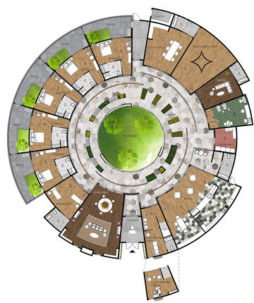 A circular floorplan for an assisted living facility for dementia patients.