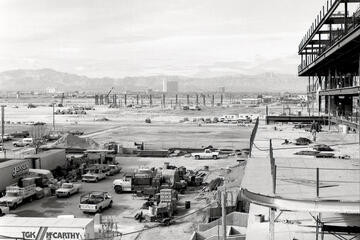 The T&M's circular outline begins to take shape&nbsp;in the distance in this picture taken from the construction site for Frank and Estella Beam Hall in January 1982. (UNLV Libraries&nbsp;Special Collections)