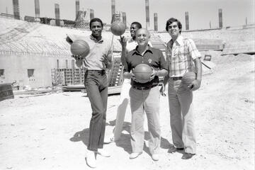 Runnin' Rebels coach Jerry Tarkanian with players Larry Anderson, Sidney Green, and Danny Tarkanian, June 1, 1982. The T&M became known as the "House that Tark Built." (UNLV Libraries Special Collections)