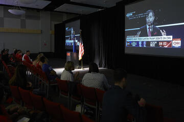 The crowd at the Student Union's watch event erupted in cheers with UNLV President Len Jessup was introduced during the telecast of the Presidential Debate. (R. Marsh Starks/UNLV Photo Services)