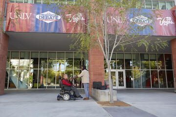 Sam Lieberman, a regent for the Nevada System of Higher Education, participates in an interview outside the Student Union during debate week.