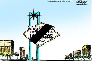 A cartoon showing the "Welcom to Fabulous Las Vegas" sign draped in a black band