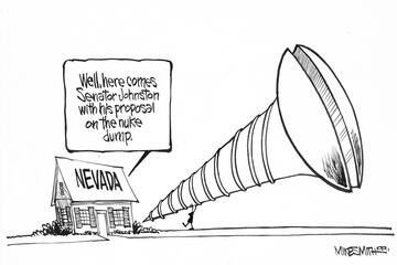 A cartoon showing a giant screw pointed at a house labeled, "Nevada"
