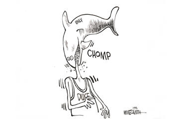 A cartoon of a shark labeled "UNLV" biting off the head of a basketball player labeled "Duke"