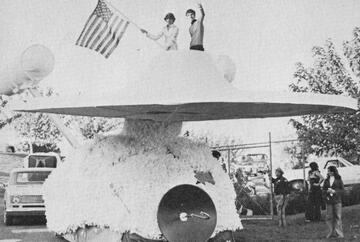 Parades have been a long-standing UNLV homecoming tradition and students spent hours working on their elaborately decorated floats. For Homecoming '76, this float resembling the Star Trek Enterprise was the winning entry and matched that year's theme, "Space - The Final Frontier." (UNLV Special Collections)