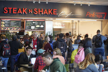 Students line up to order from Steak N Shake at the Student Union.