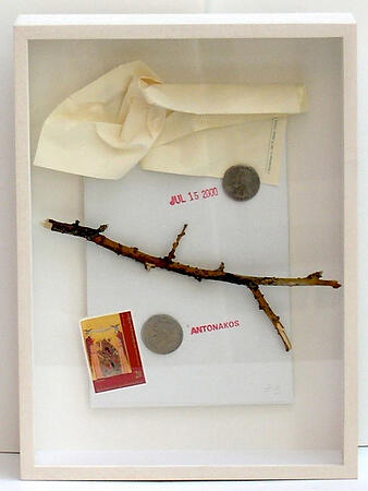 Travel collage by Stephan Antonakos containing a twig, stamp, and napkin. Abstract.