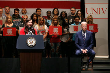 UNLV Student Body president Kanani Espinoza introduces Vice President Joe Biden at today's It's On Us event. Other campus speakers included UNLV President Len Jessup and football coach Tony Sanchez. (R. Marsh Starks/UNLV Photo Services)