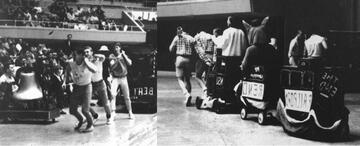 The first NSU homecoming was held in January 1966 and featured a basketball game with the University of Nevada Wolf Pack at the Las Vegas Convention Center instead of football. The Morrill Hall Bell served as the trophy to be awarded to the victor. The rivalry trophy later shifted to the Fremont Cannon. (UNLV Special Collections)