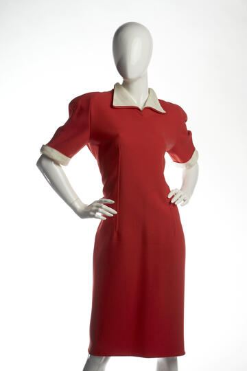 Known for his finely tailored day clothes and sportswear, Valentino catered to the modern woman who sought multipurpose clothing made of high quality materials. This dress is signature Valentino—made of red wool and featuring a dash of whimsy. The large gold buttons down the back are fun and functional. Sidney bought this dress in the mid-1980s at Beverly Hills boutique Torie Steele. (R. Marsh Starks/UNLV Photo Services)