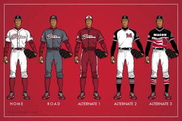 Illustrations of Macon Bacon baseball uniforms
