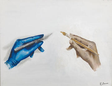 illustration of one hand holding surgical instrument and one hand holding paintbrush
