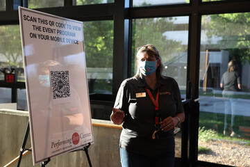 woman talking with mask on