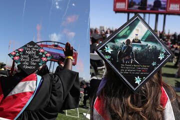 Grad caps decorated with illustrative messages