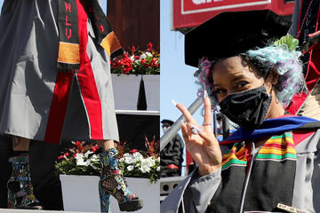 graduate wearing regalia with colorful shoes