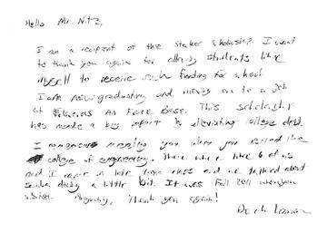 Alumni note written to a donor.