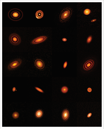 The leftmost panel is the gas distribution in the simulation. The middle two panels show dust distribution in the simulation (small dust top and big dust bottom). The right panel show the final synthetic image, which is compared with observations directly (the observation is shown in Figure 19 of the paper). (Shangjia Zhang and Zhaohuan Zhu/UNLV College of Sciences)