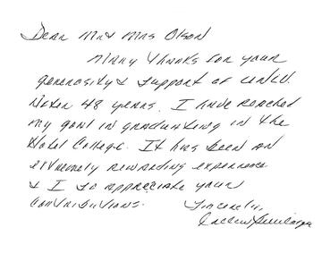 Alumni note written to a donor.