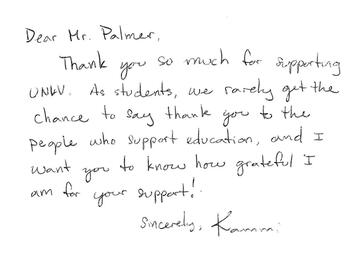 Alumni note written to a donor.