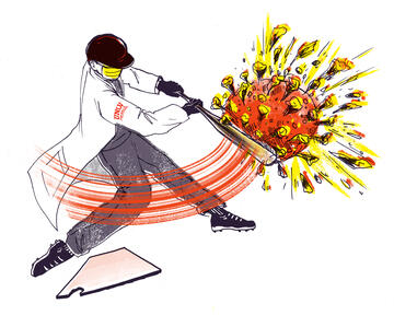 A student in a labcoat swings a baseball bat at coronavirus