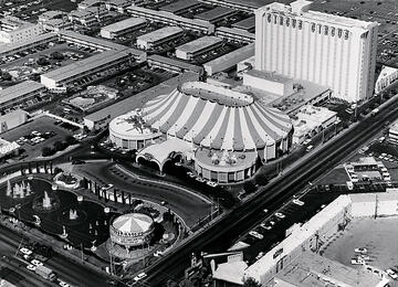Aerial view of the Circus Circus Hotel and Casino circa 1974