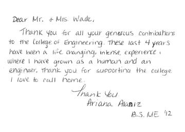 Alumni note written to a donor.