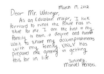 Alumni note written to a donor.