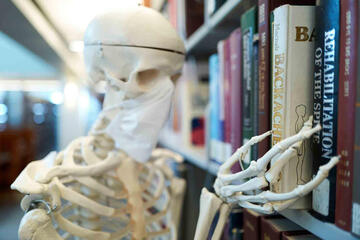 Skeleton browsing through book shelf