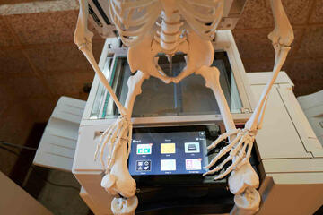 Skeleton sitting on a scanner