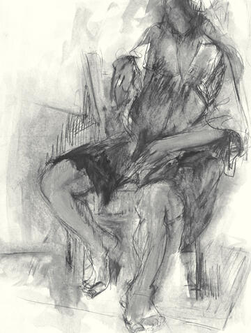 rough black and white sketch of a sitting figure