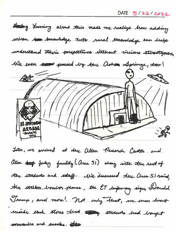 Scan of journal entry with drawing of alien.