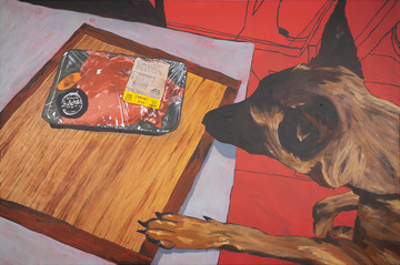 acrylic work with dog staring at packaged meat