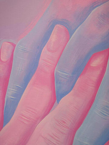 drawing of red and blue tinted fingers intertwining