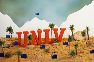 miniature setup of palm trees and letters that read UNLV