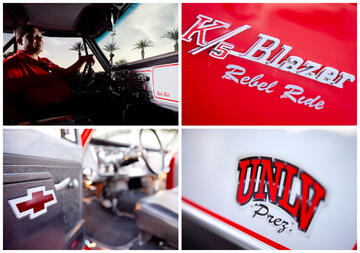 collage with man driving classic car and three detail shots of Chevy Blazer and UNLV logos and 