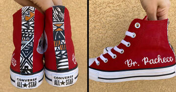 detail shots of red canvas hightops decorated with Native American pattern and the phrase "Dr. Pacheco"