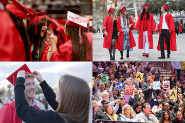 collage of four images from commencement showing graduates celebrating with family and friends