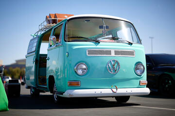 exterior shot of aquamarine classic VW bus