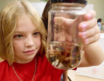 Two girls look intently at a jar containing a large spider