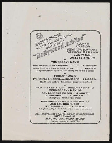 A call for auditions for MGM's "Hollywood Jubilee" show. There are several categories of performers with different height requirements.