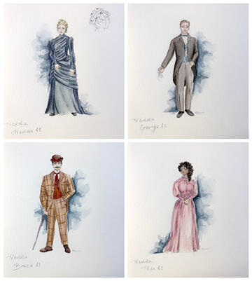 costume design sketches for four Hedda Gabler characters
