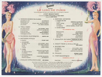 A program for the first edition of Lido de Paris with eleven production numbers. Showgirls at that time were listed as Les Modeles in the program (sho000227-002)